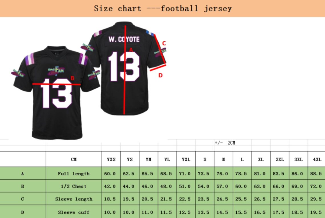 Reebok Football Jersey Size Chart