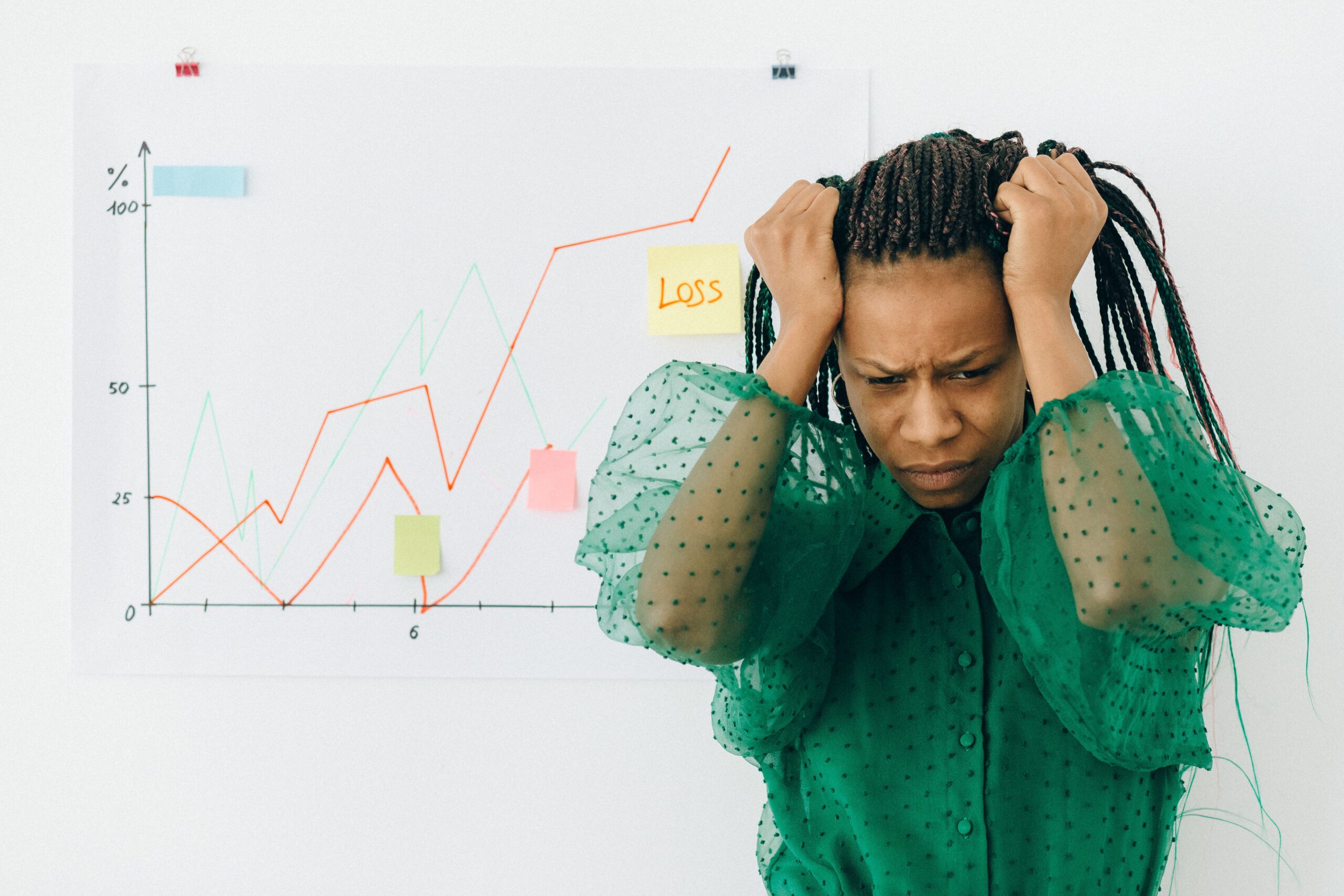 Frustrated businesswoman analyzing a graph showing declining website performance